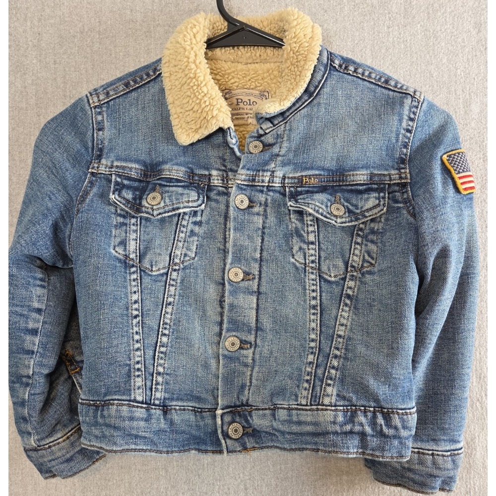 Polo Ralph Lauren Boys 5 Denim Trucker Jean Jacket Sherpa Lined USA Flag Retro